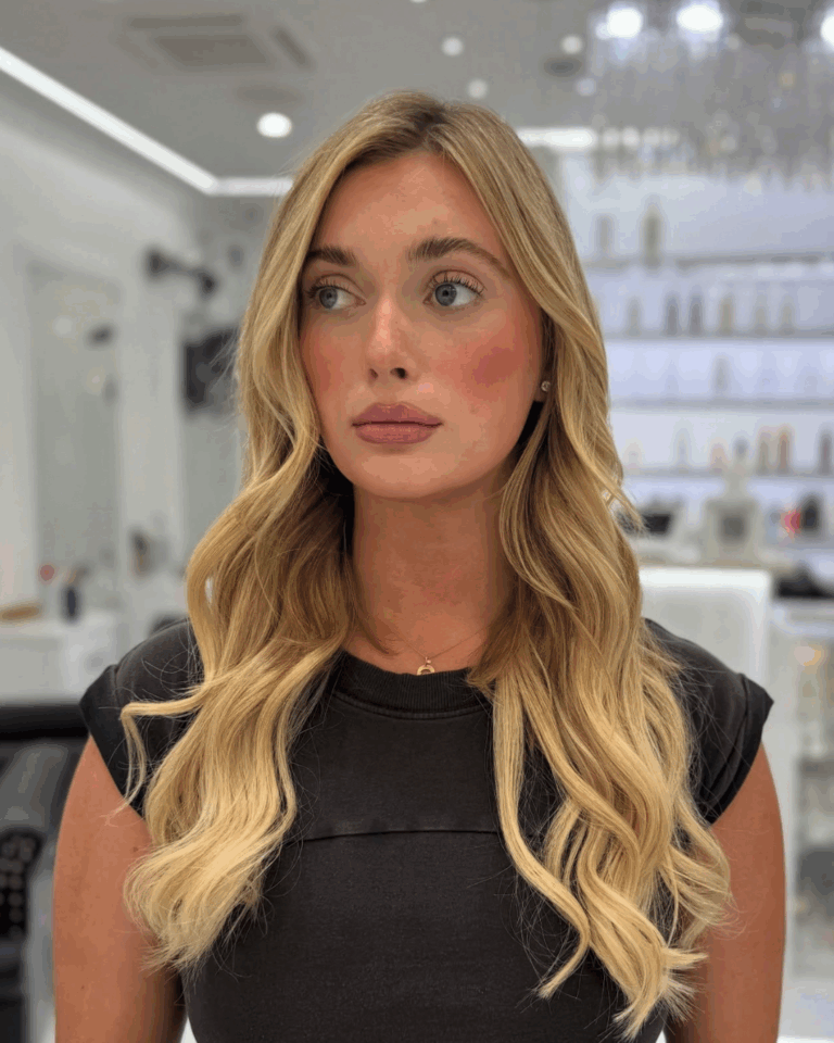 Long wavy blonde tape-in extensions by Goya