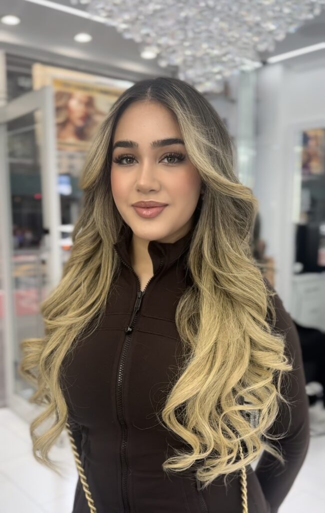Client with long wavy dark-to-blonde ombre hair after a blowout
