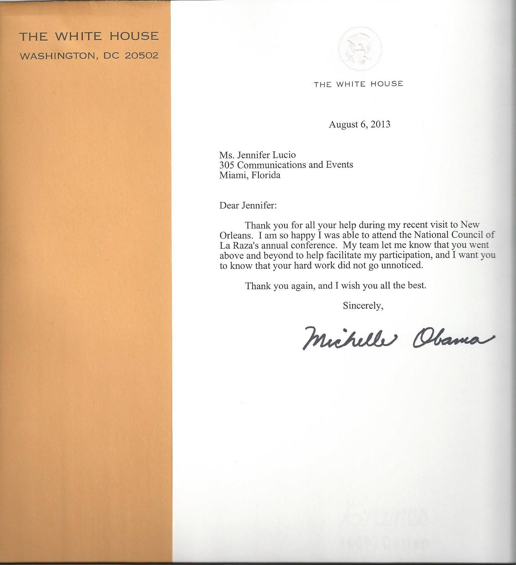 White House letter signed by Michelle Obama addressed to Jennifer Lucio at 305 Communications and Events, dated August 6, 2013