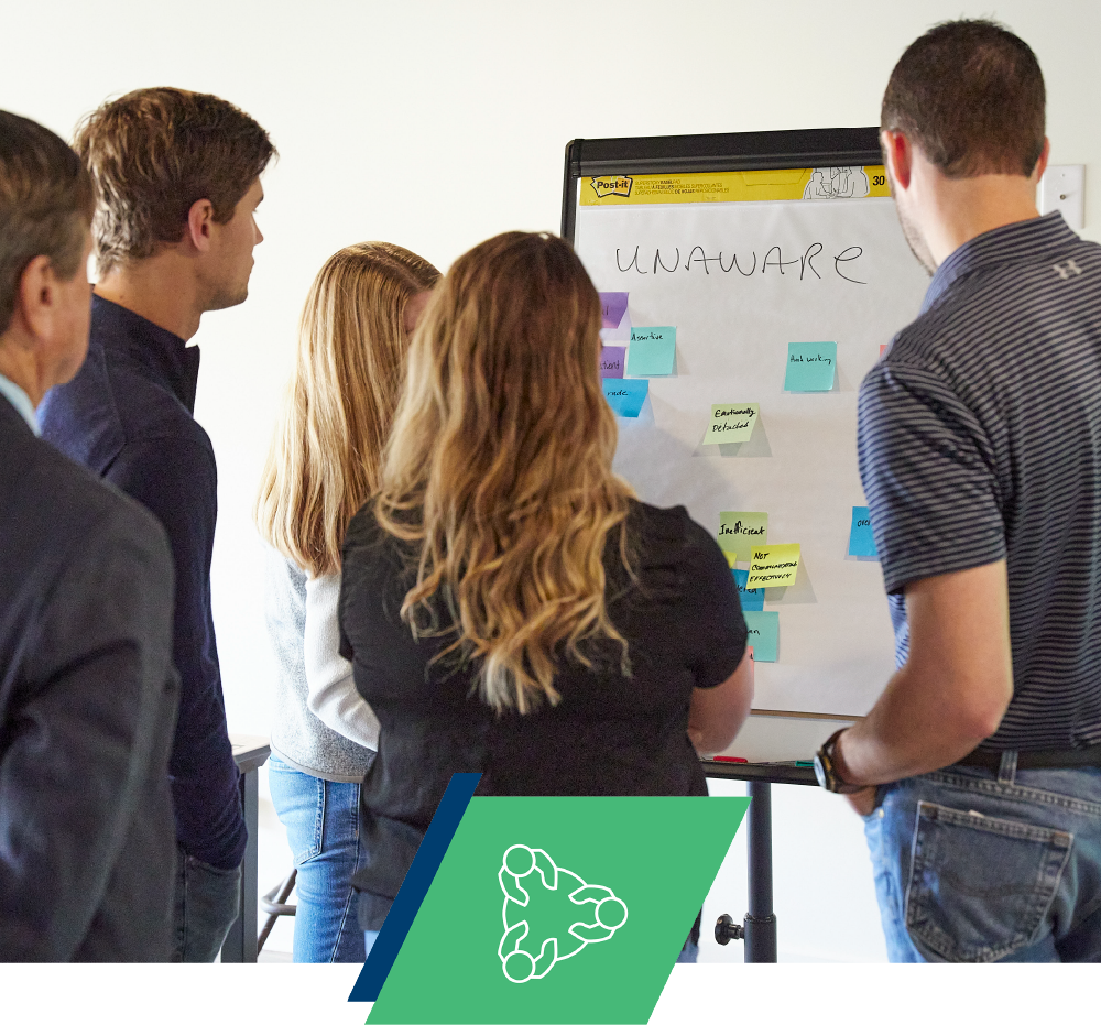 Professionals gathered at a whiteboard covered in sticky notes reading UNAWARE