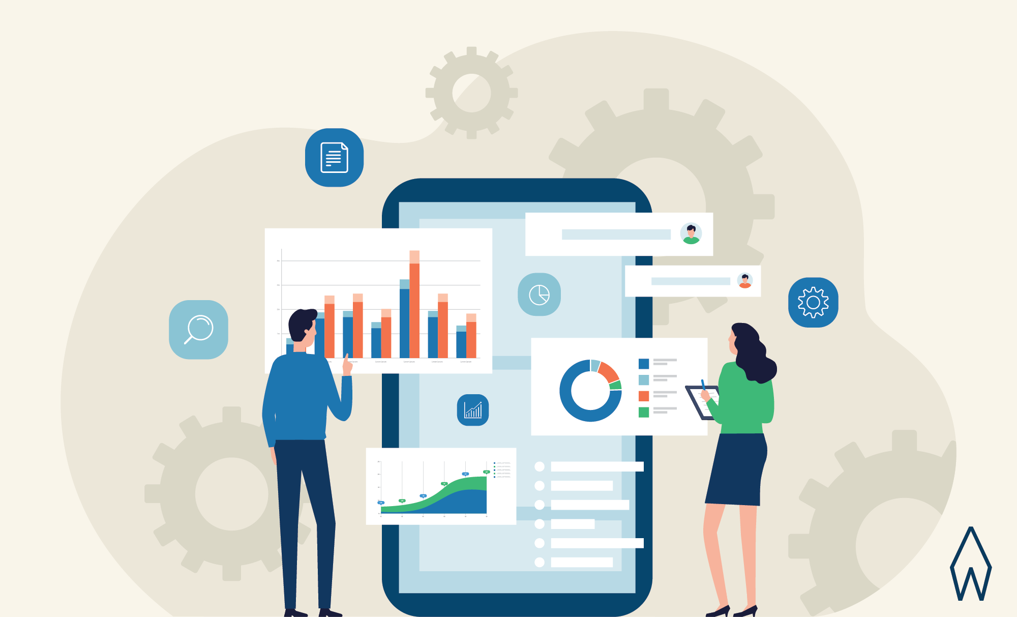 Illustration of two figures analyzing data charts on a smartphone