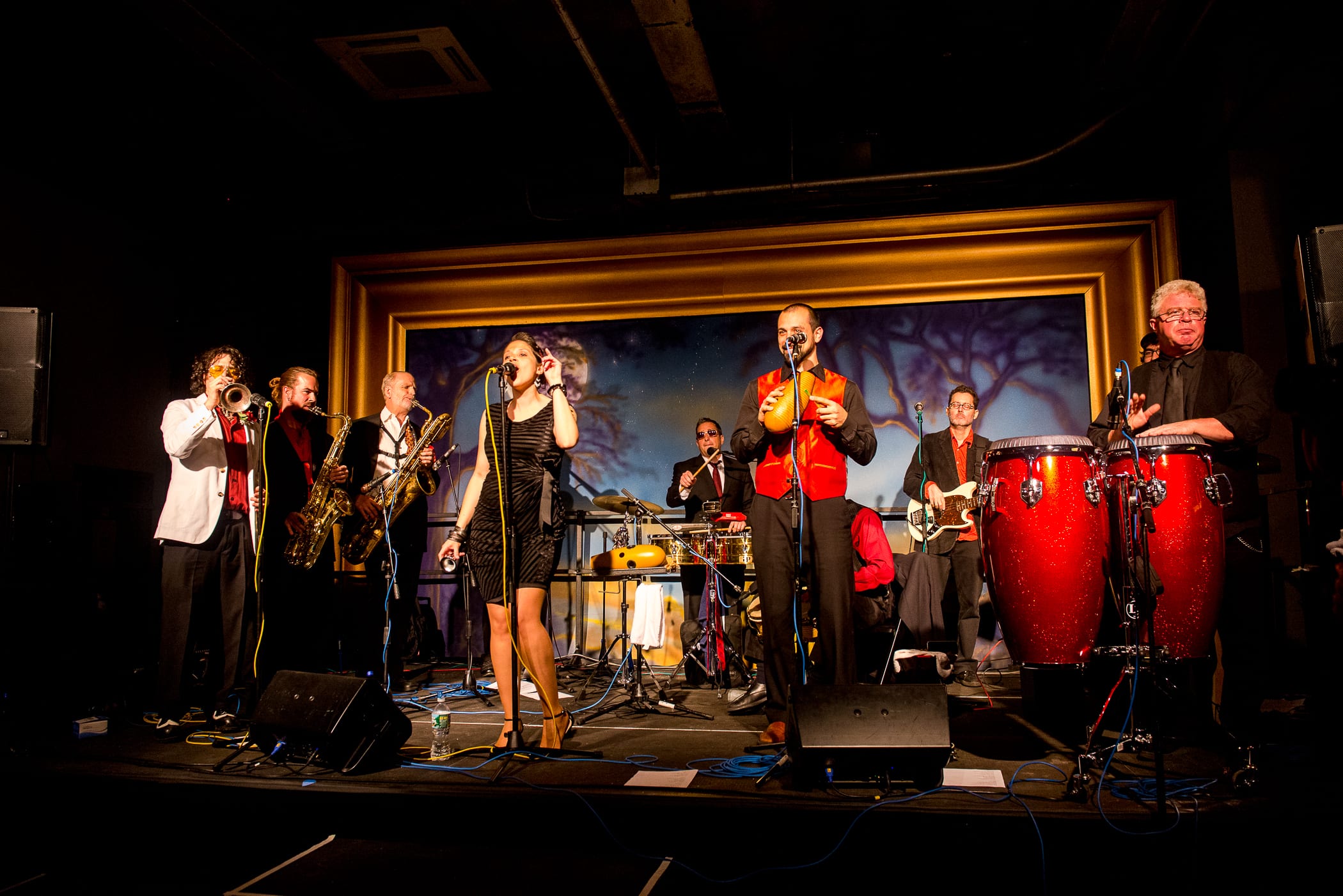 Live band with red congas, brass and vocalist at the Wine Enthusiast bash
