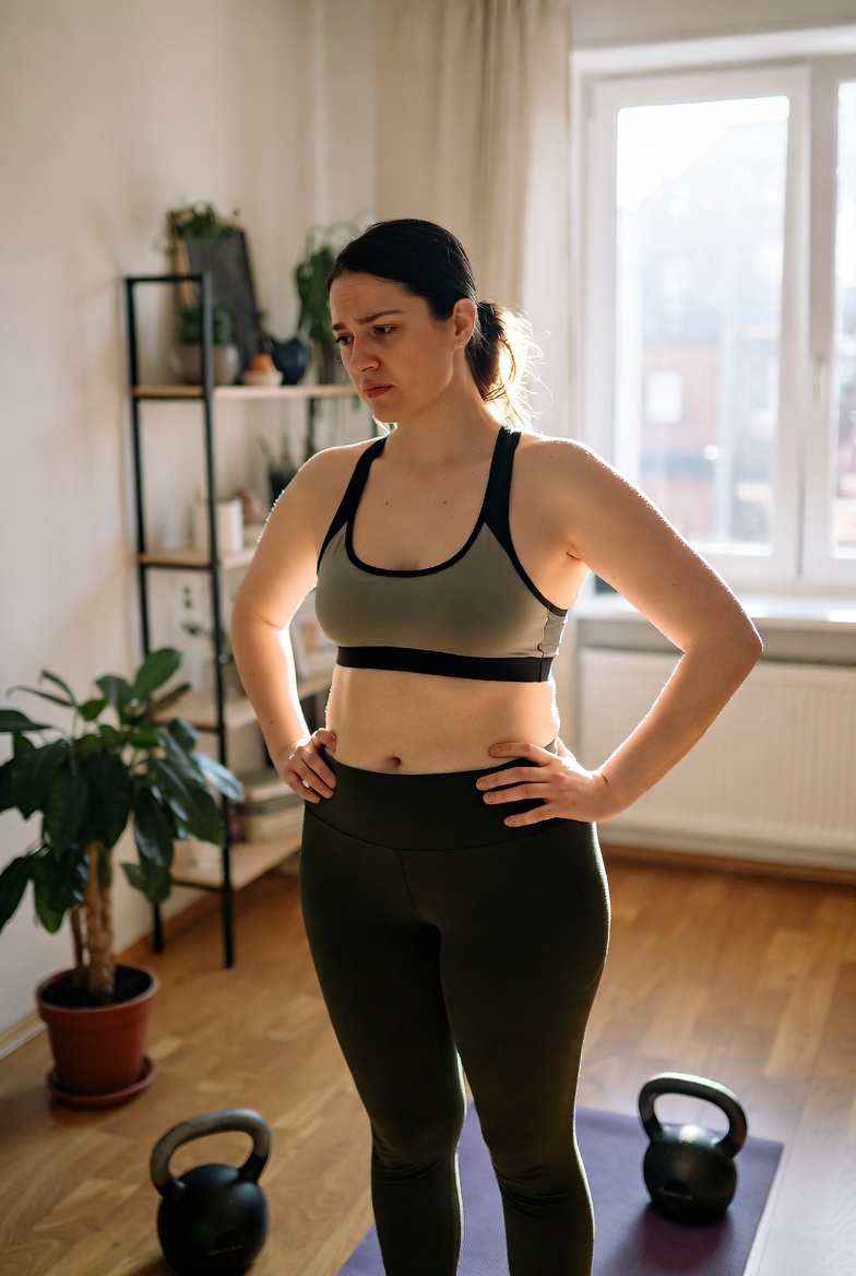 Woman in workout clothes standing frustrated beside kettlebells