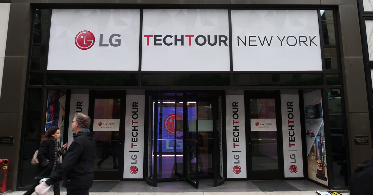 Venue entrance branded for LG TechTour New York event with illuminated signage