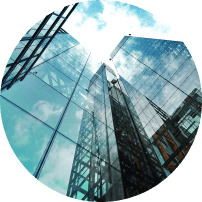 Modern glass corporate skyscrapers viewed from below