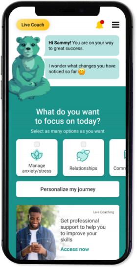 The Ajivar app showing a Live Coach chat with the bear mascot and daily focus options