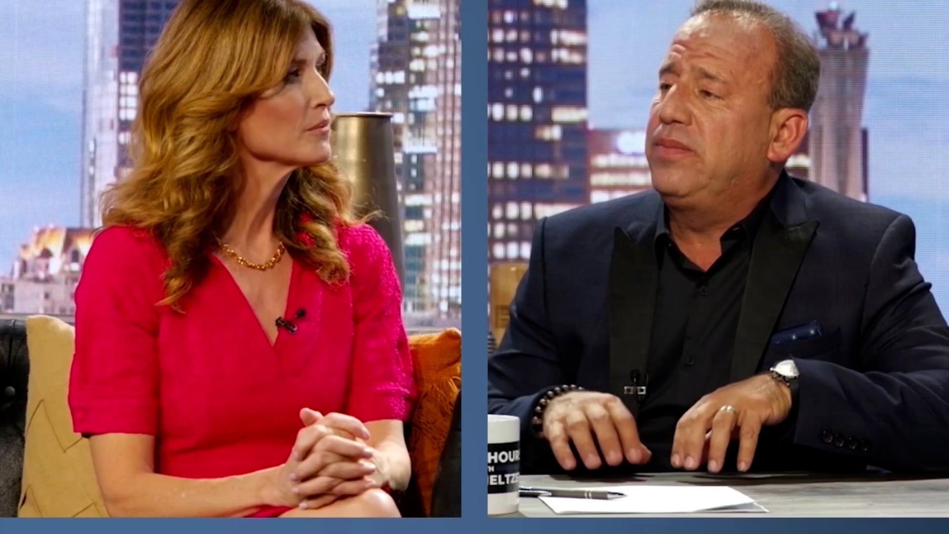 Andrea Marcellus in a split-screen TV interview