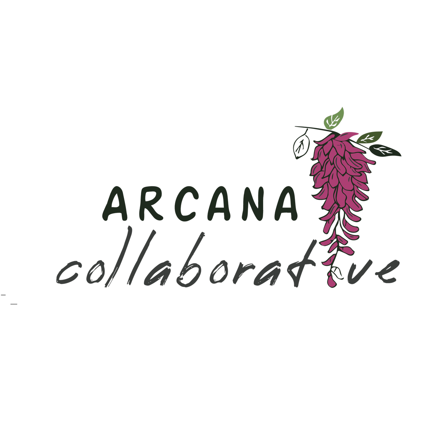 Arcana Collaborative logo — wordmark with magenta wisteria illustration