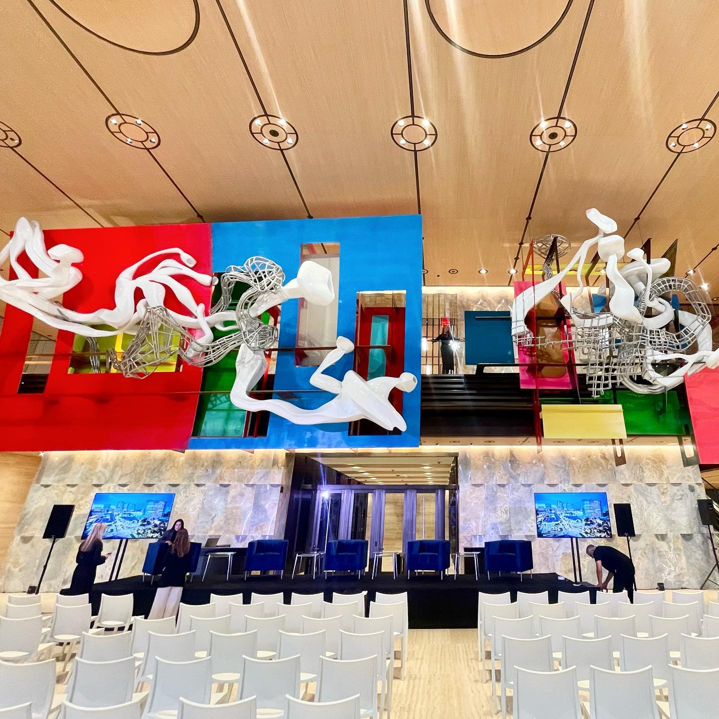 Event venue with panel installations and stage