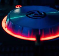 DJ turntable with red LED glow