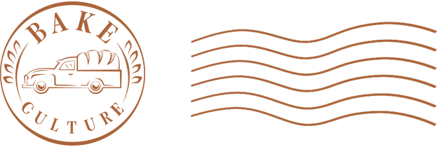 Bake Culture stamp logo with copper postmark waves