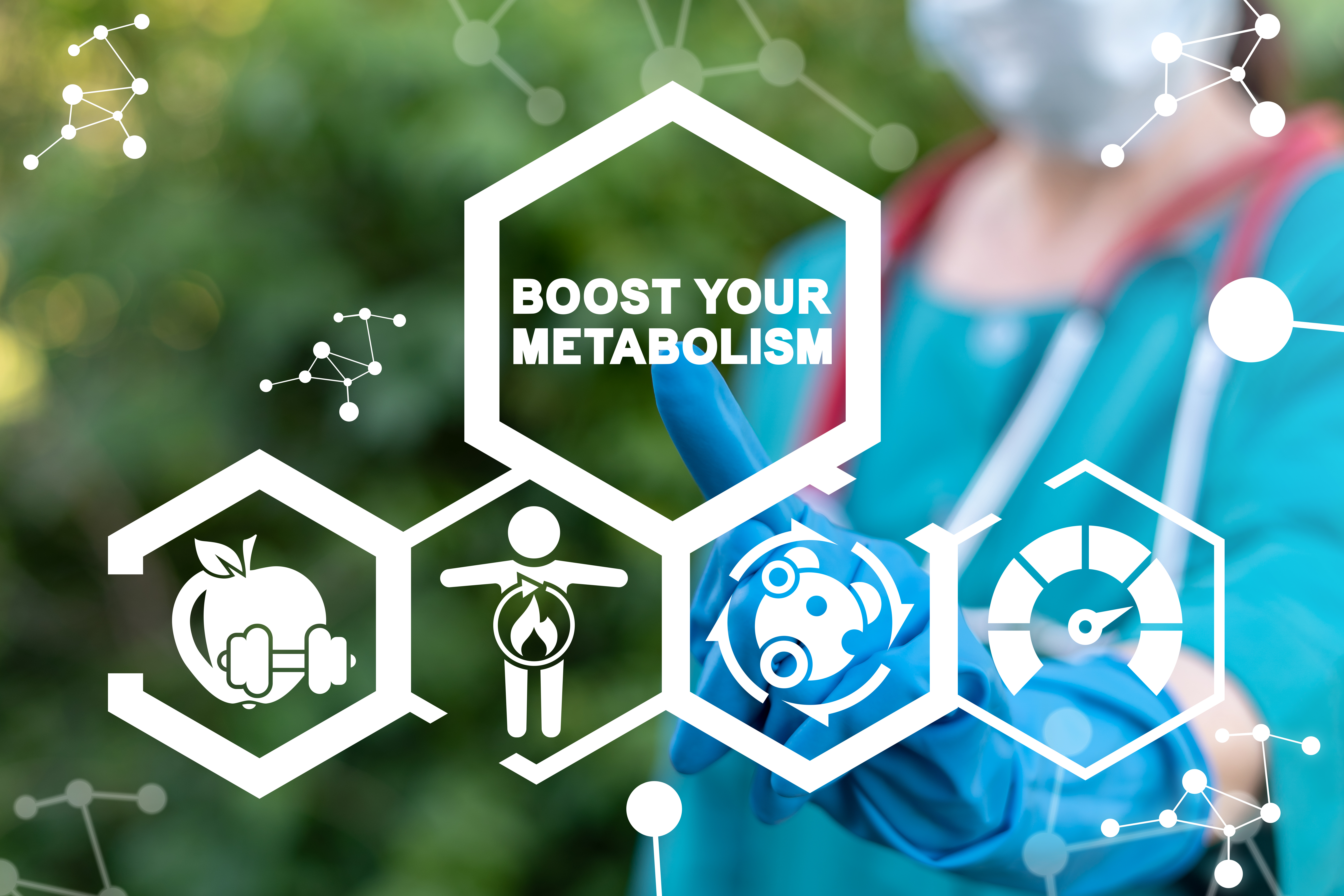 Graphic reading Boost Your Metabolism over hexagon icons and a medical professional