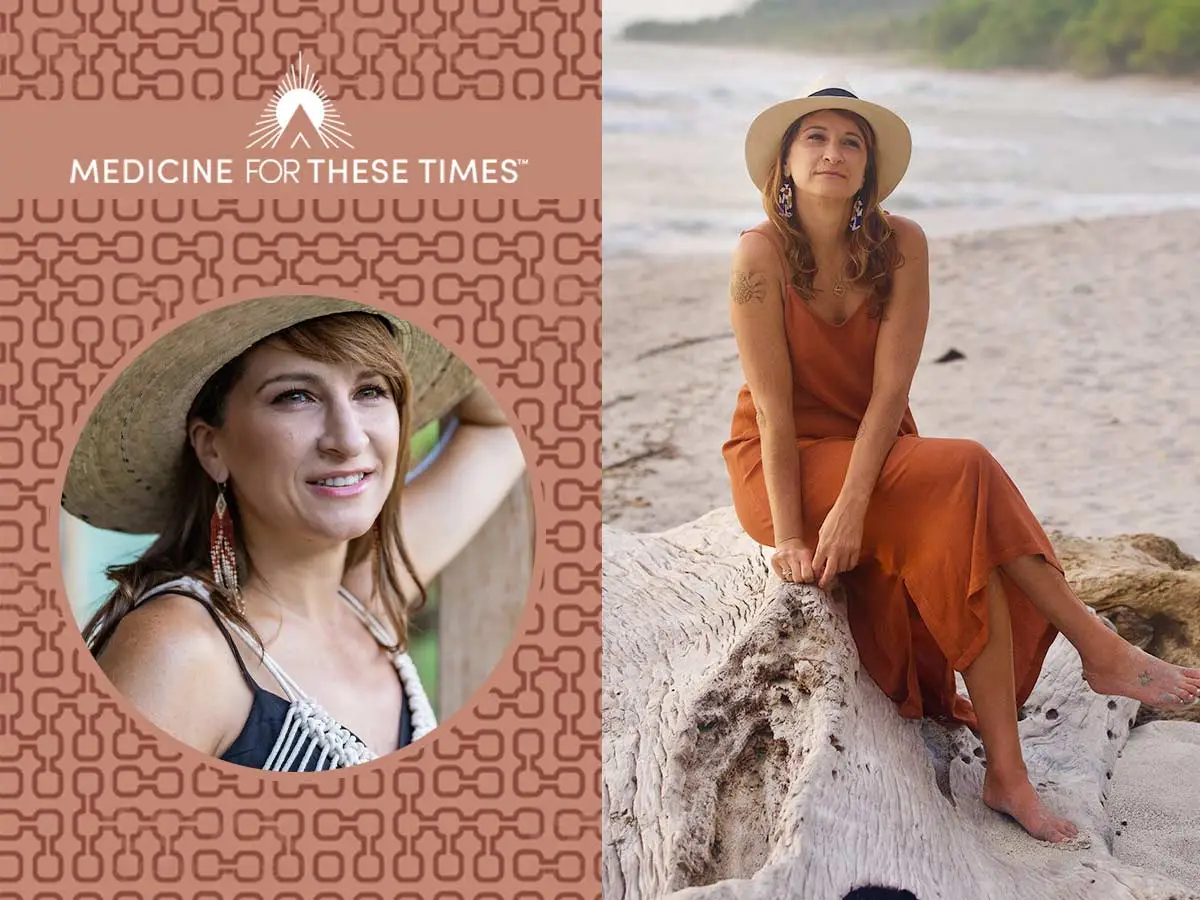Beth Weinstein in a straw hat on a branded background, and seated on driftwood at the beach in an orange dress