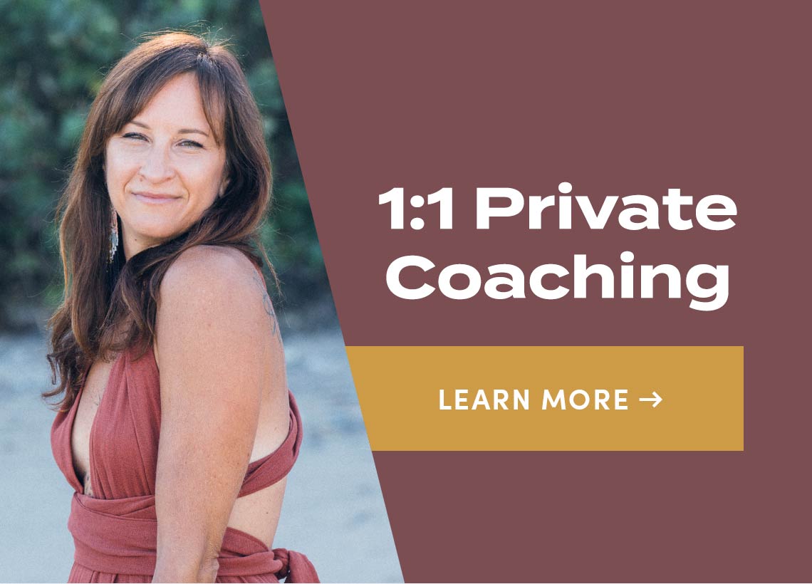Beth Weinstein in a pink dress outdoors on a promotional card for 1:1 Private Coaching
