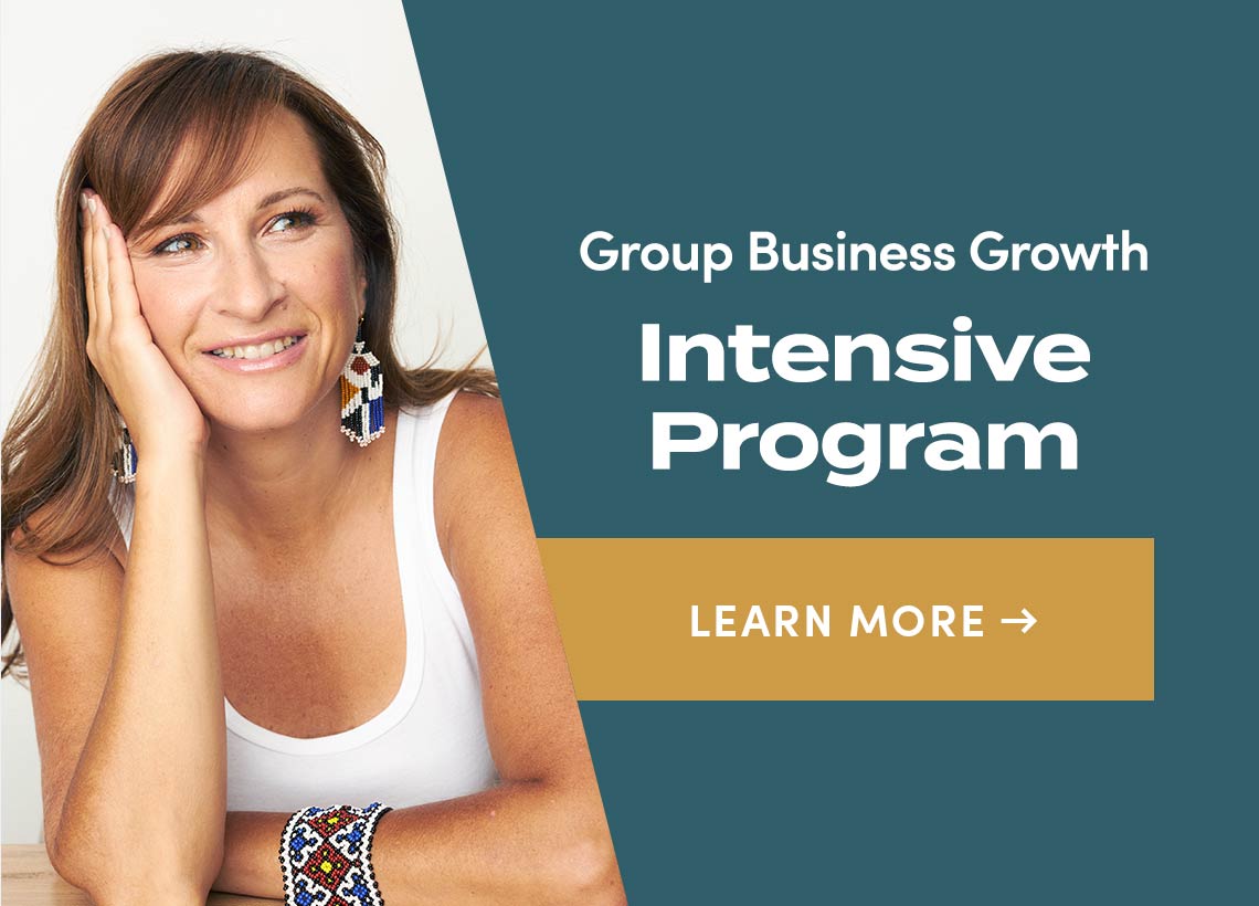 Beth Weinstein in a white top on a teal promotional card for her group business growth intensive