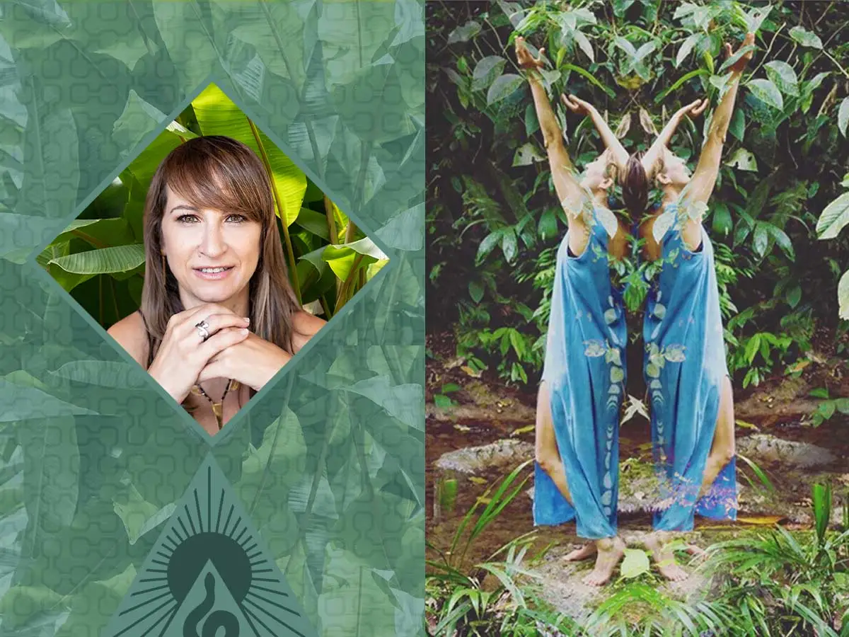 Beth Weinstein in a diamond frame on tropical leaves, and standing with arms raised in a jungle setting