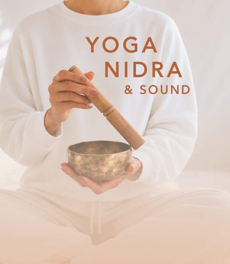 Yoga Nidra & Sound flyer — person seated holding a singing bowl