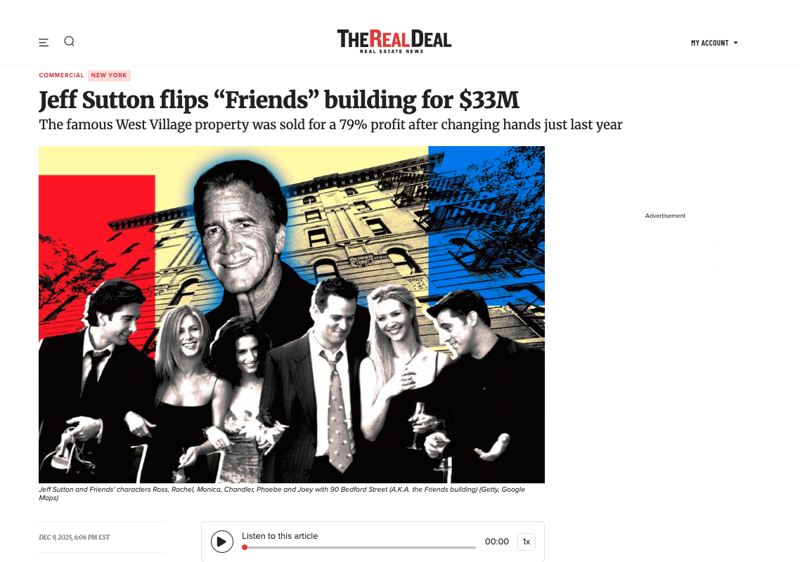 The Real Deal article clipping: Jeff Sutton flips Friends building for $33M