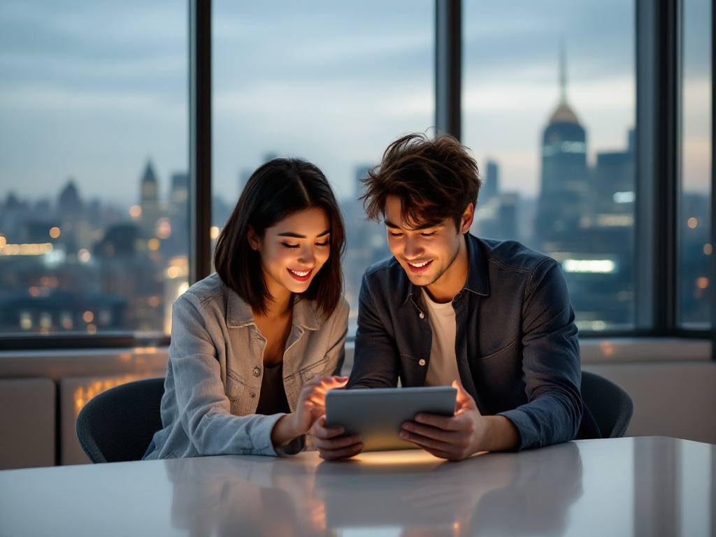 Young couple at a table looking at a tablet with a dusk city skyline behind them