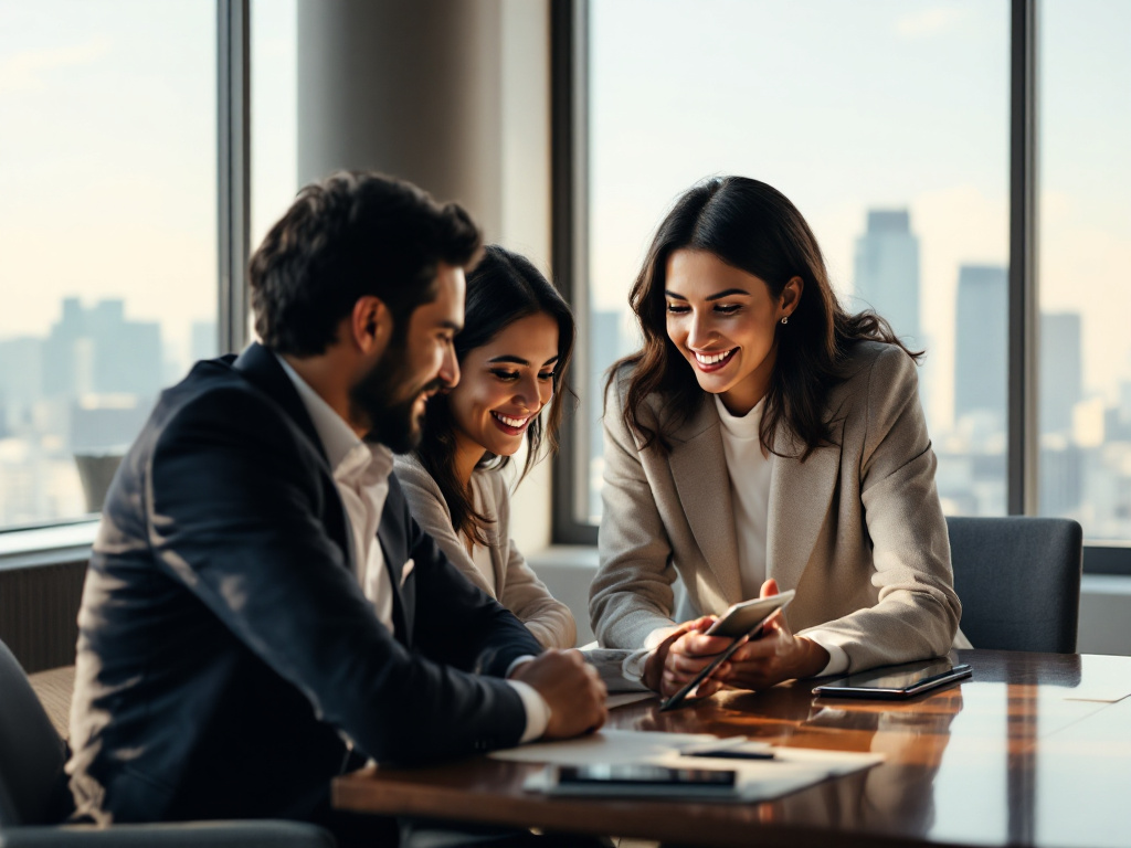 Real estate agent showing a phone to two smiling clients at a conference table with a city skyline through the windows