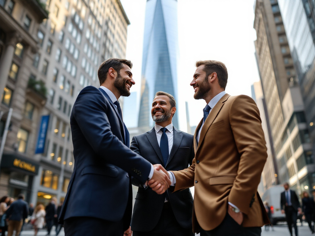 Three businessmen in suits shaking hands on a New York City street with One World Trade Center behind them
