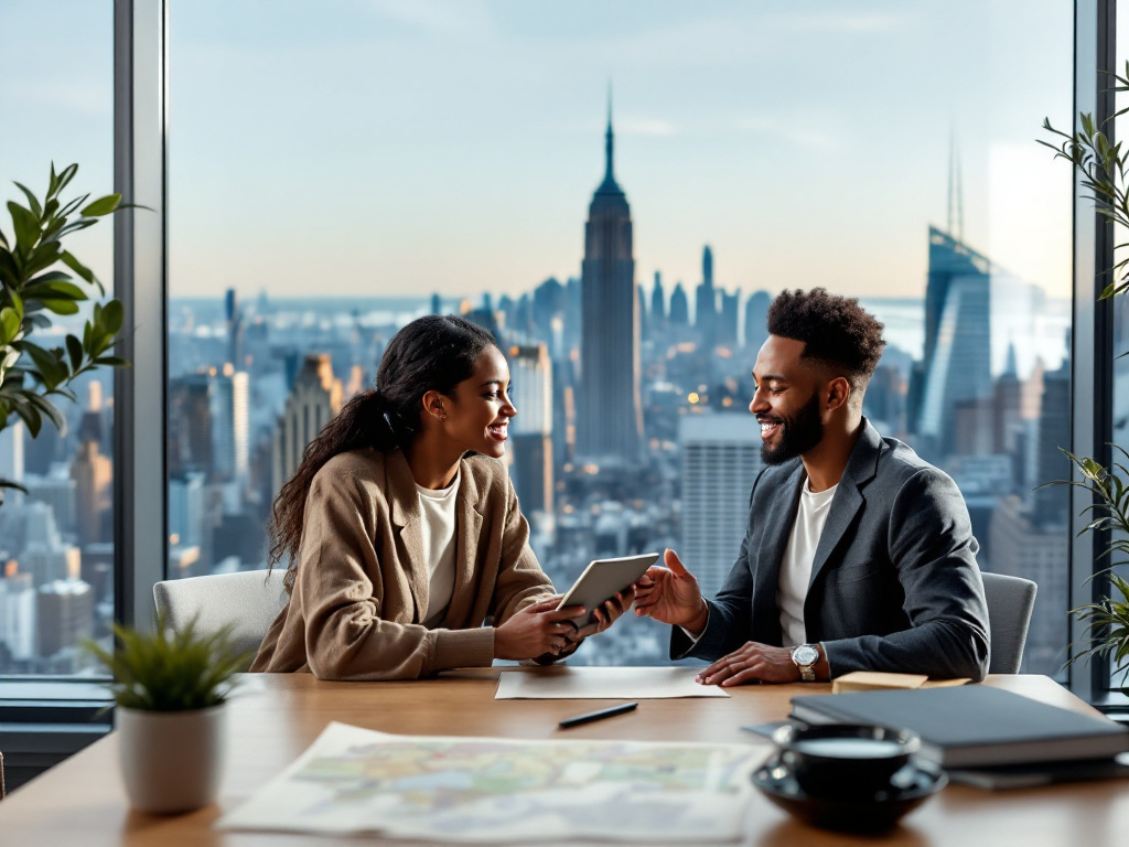 Two people at a desk reviewing a tablet together in a high-rise office with the Empire State Building behind them