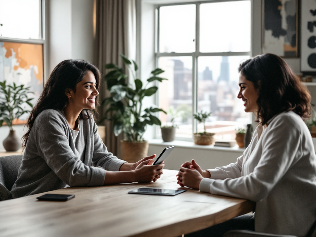 Two women talking and smiling at a table in a bright apartment with a city view