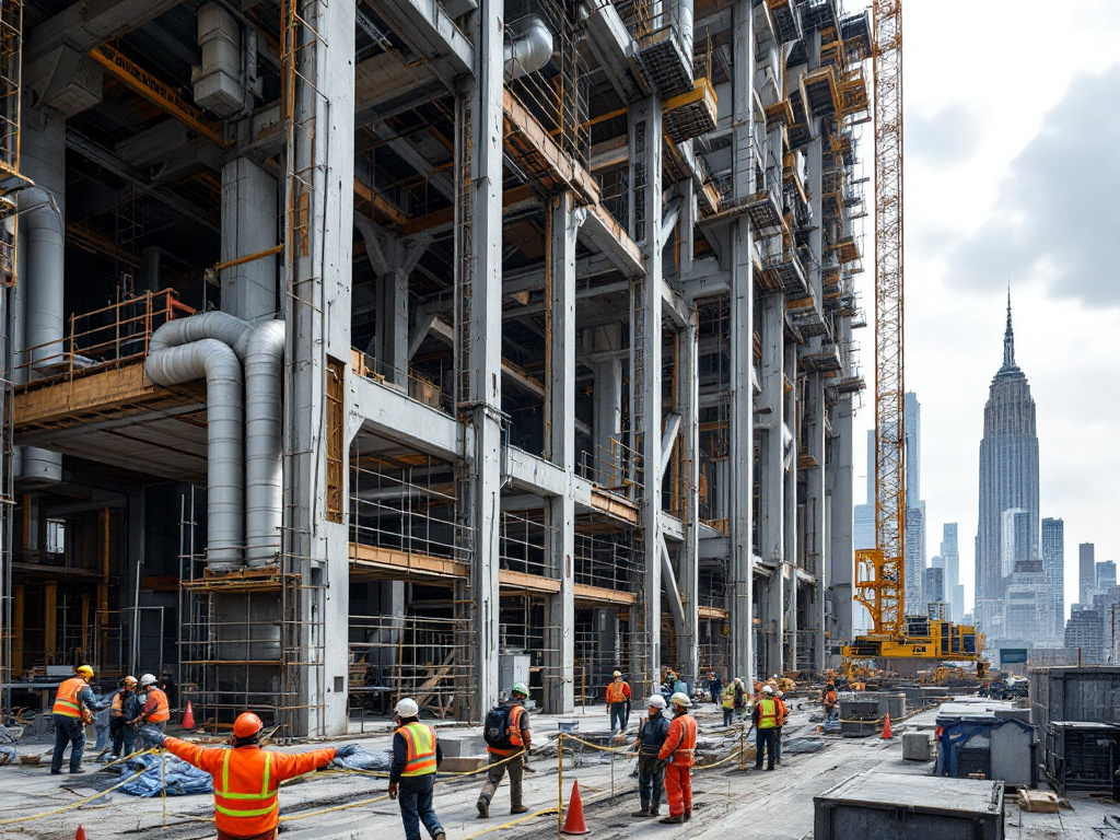Construction workers in orange vests at a New York City construction site with exposed steel frame