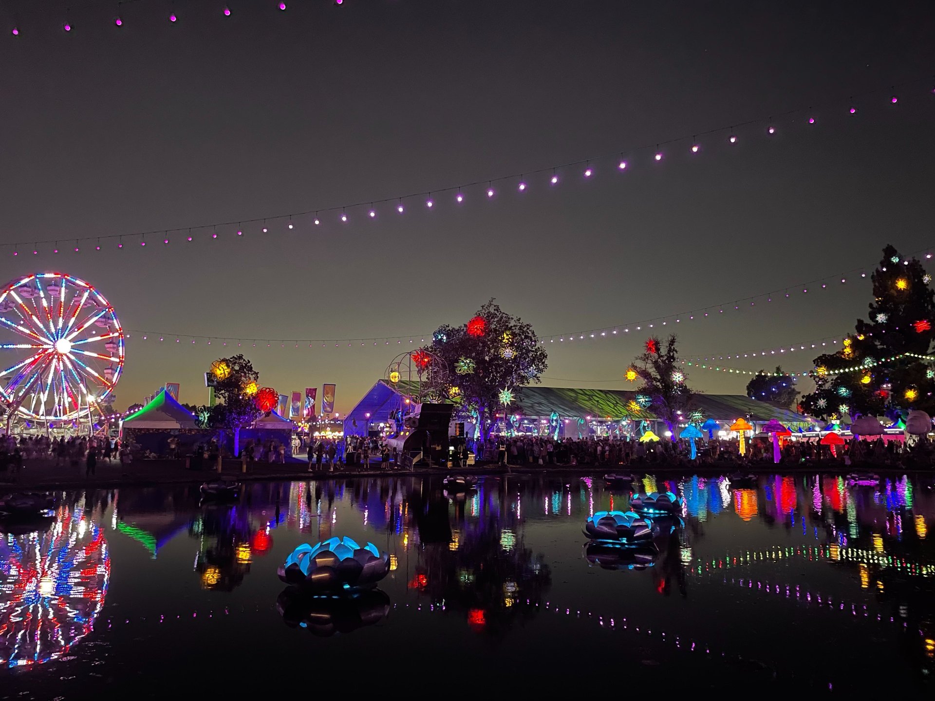 Night-time outdoor festival with illuminated Ferris wheel and tents.