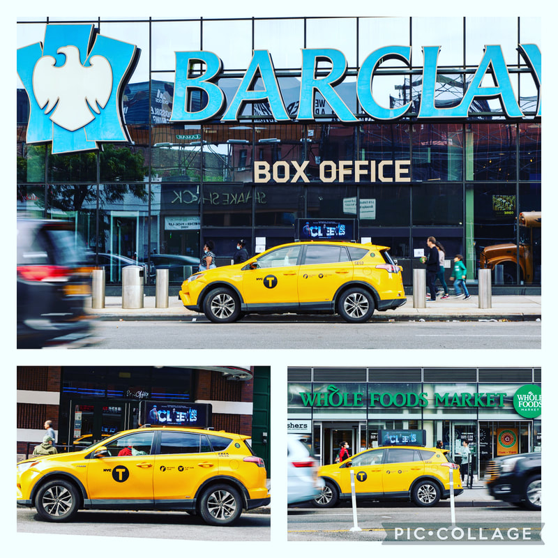 Three-panel collage of NYC taxis with Barclays Center box office behind them