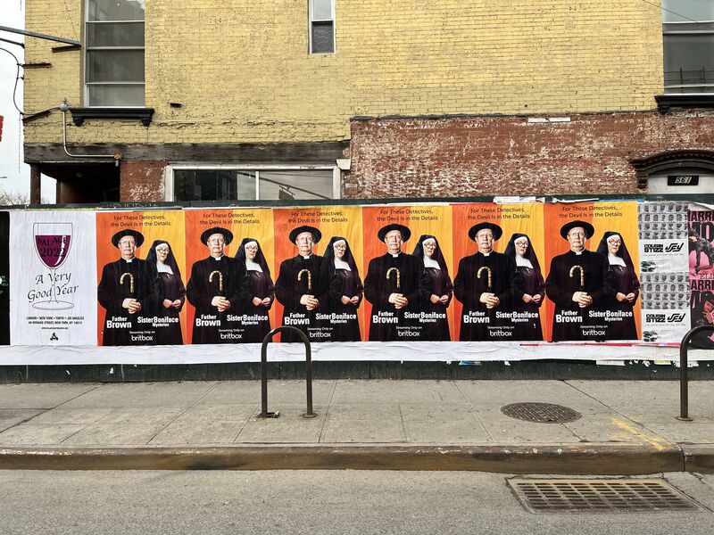 BritBox Father Brown and Sister Boniface Mysteries wall posters on Brooklyn hoarding