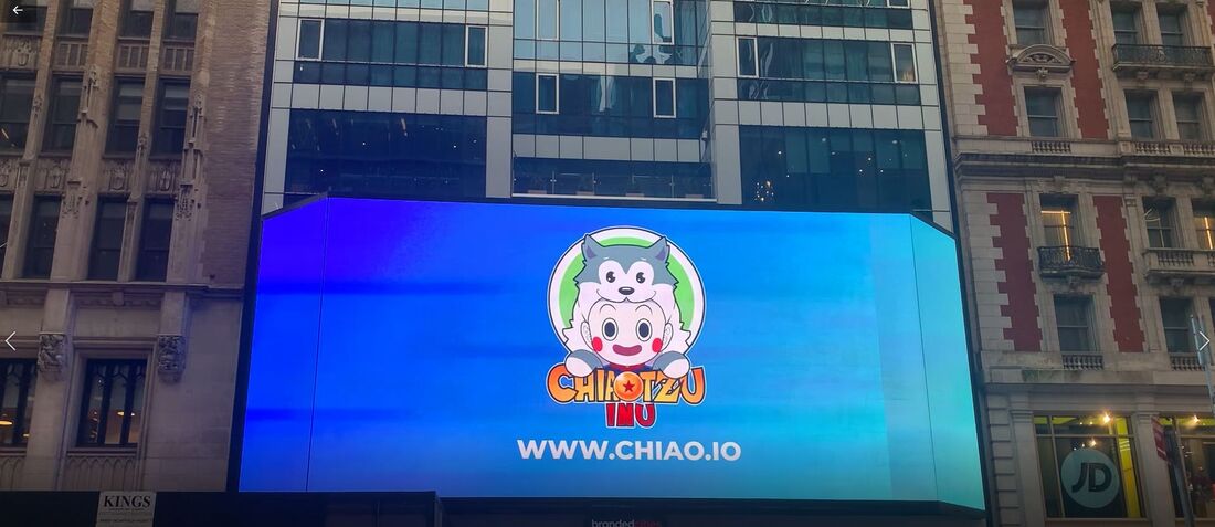 Bryant Park area building with ChiaoTzu Inu digital billboard on large LED screen, wide view