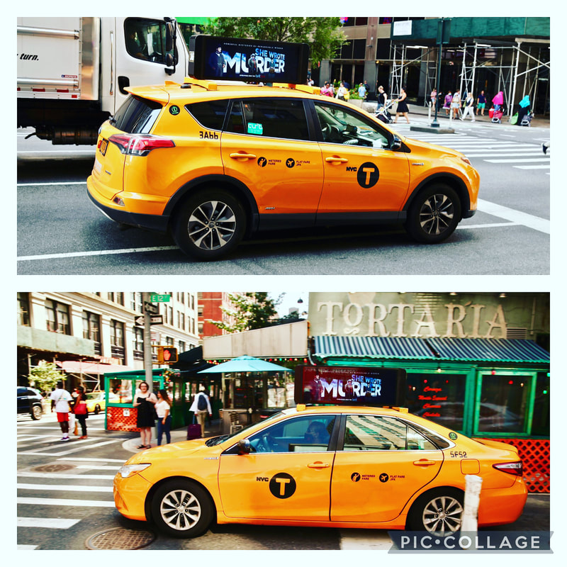 Two-panel collage of NYC taxis with 'She Wrote Murder' digital rooftop ad screens