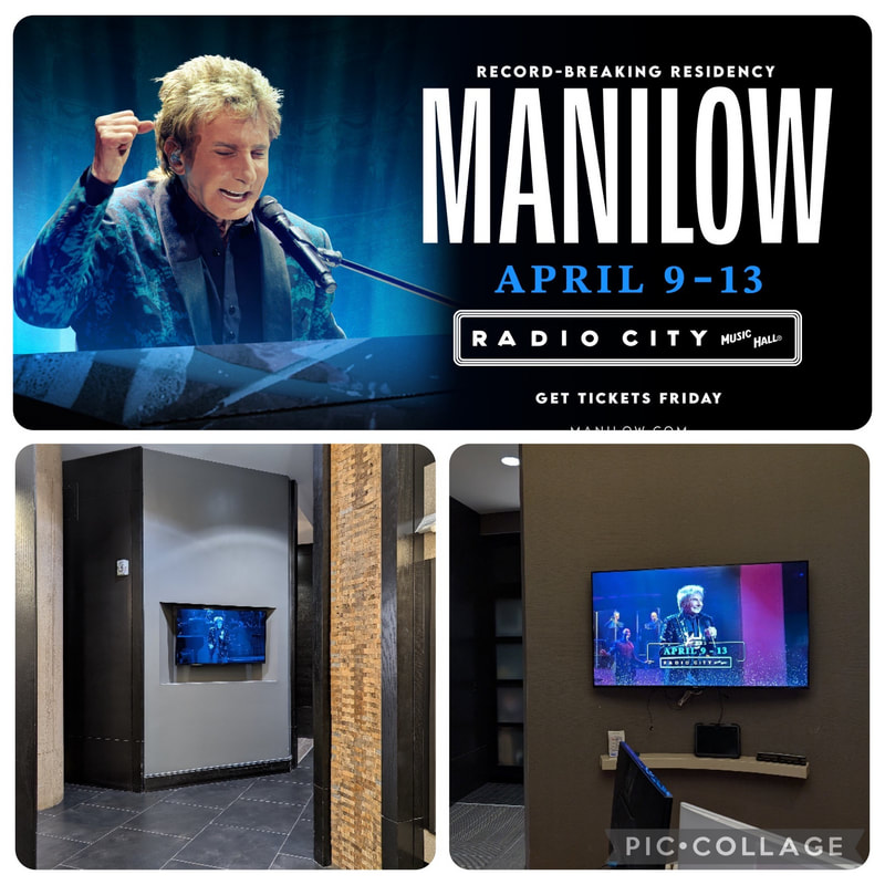 Three-panel collage of Barry Manilow at Radio City Music Hall ad on luxury residential screens