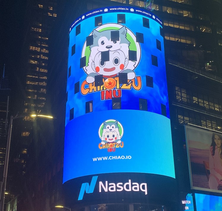 Nasdaq building Times Square at night with ChiaoTzu Inu crypto NFT animated billboard on curved LED screen