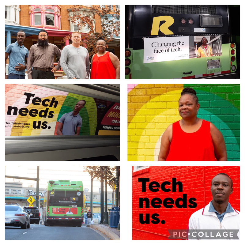 Six-panel collage for Byte Back nonprofit tech education campaign: bus ads, street billboards, portraits