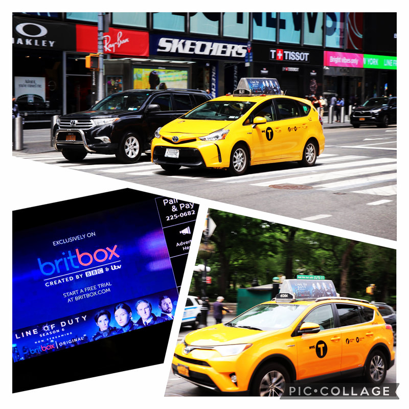 Three-panel collage of NYC taxis with BritBox 'Line of Duty' rooftop ad screens, Times Square