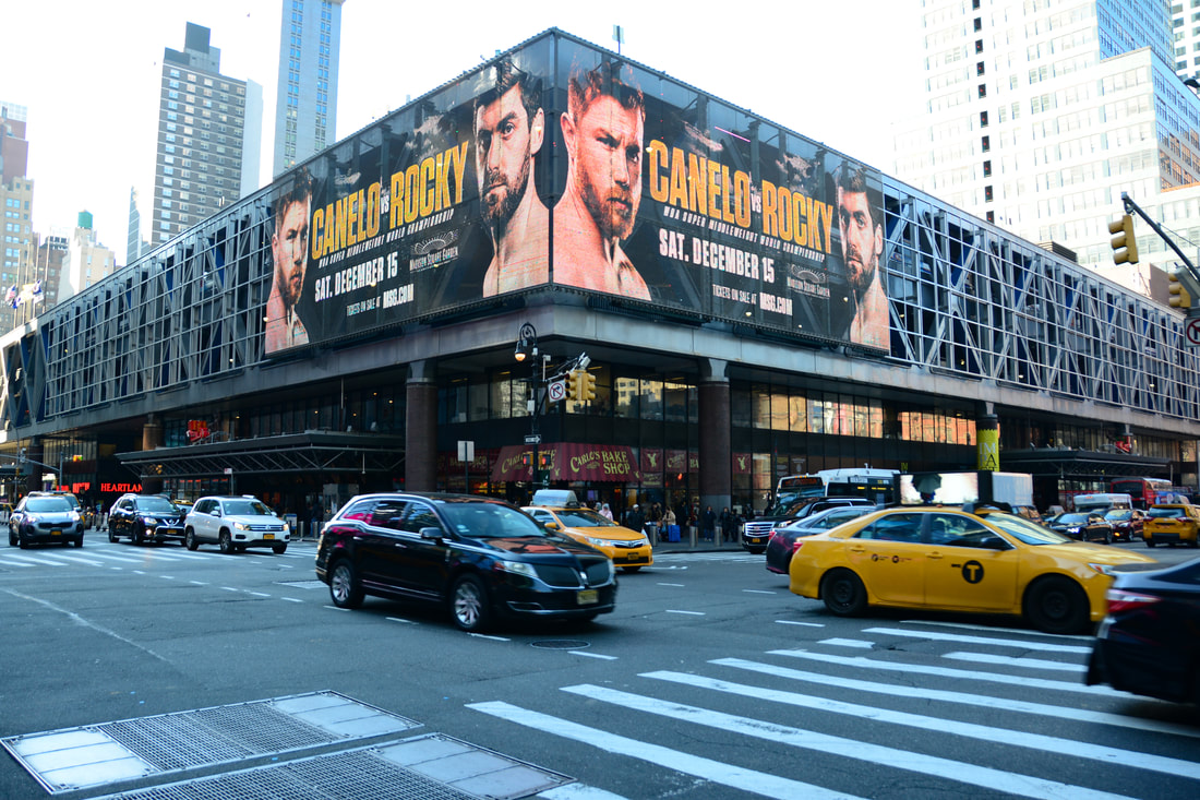 Canelo vs Rocky WBA boxing billboard wrapping entire MSG exterior, NYC street view