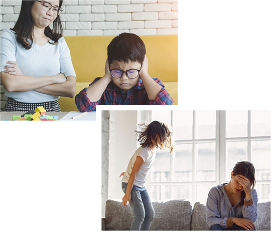 Two-panel composite: a frustrated mother watching a boy covering his ears; a girl jumping on a couch while an exhausted mother holds her head