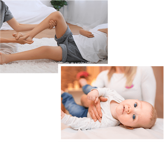 Two-panel composite: hands-on leg therapy on a child; a mother holding a baby