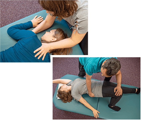 Two-panel composite: cranial and neck bodywork on a woman on a treatment table; a practitioner working on a patient