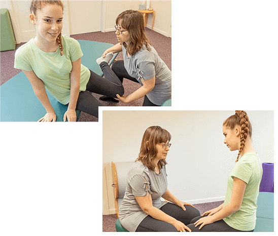 Two-panel composite: a therapist guiding a teen girl on the floor; the therapist working with the teen seated on a table