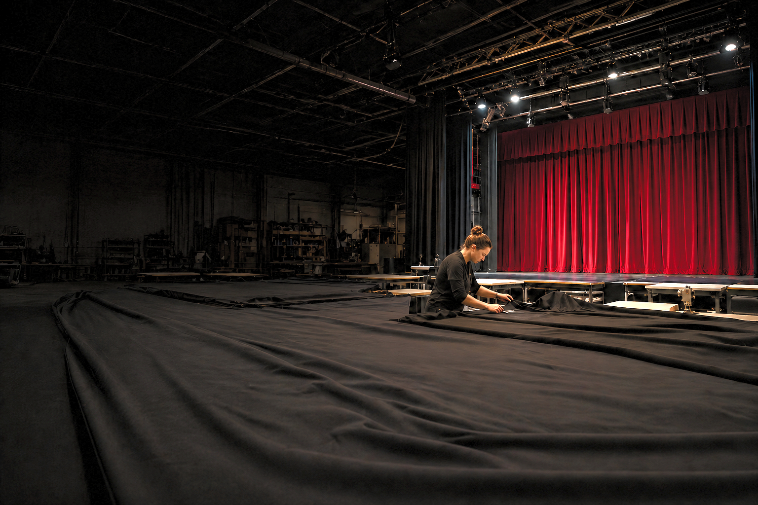 Break A Leg MFG. worker handling large black drapery fabric on the factory floor with a red stage curtain and rigging behind