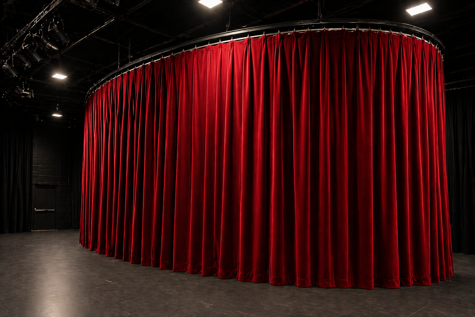 Red velvet stage curtains on a curved track in a black-box theater