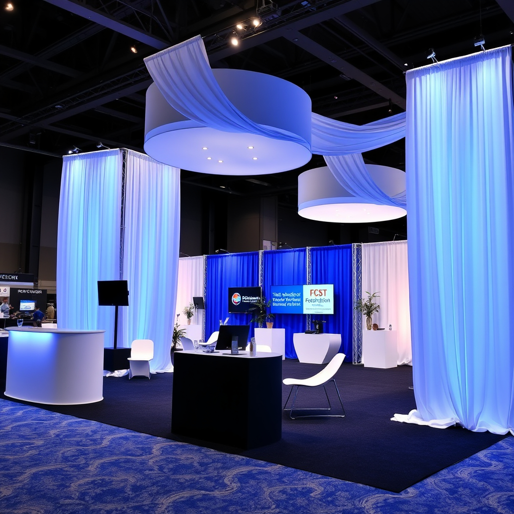 Trade-show booth with white pipe-and-drape panels and blue backdrops