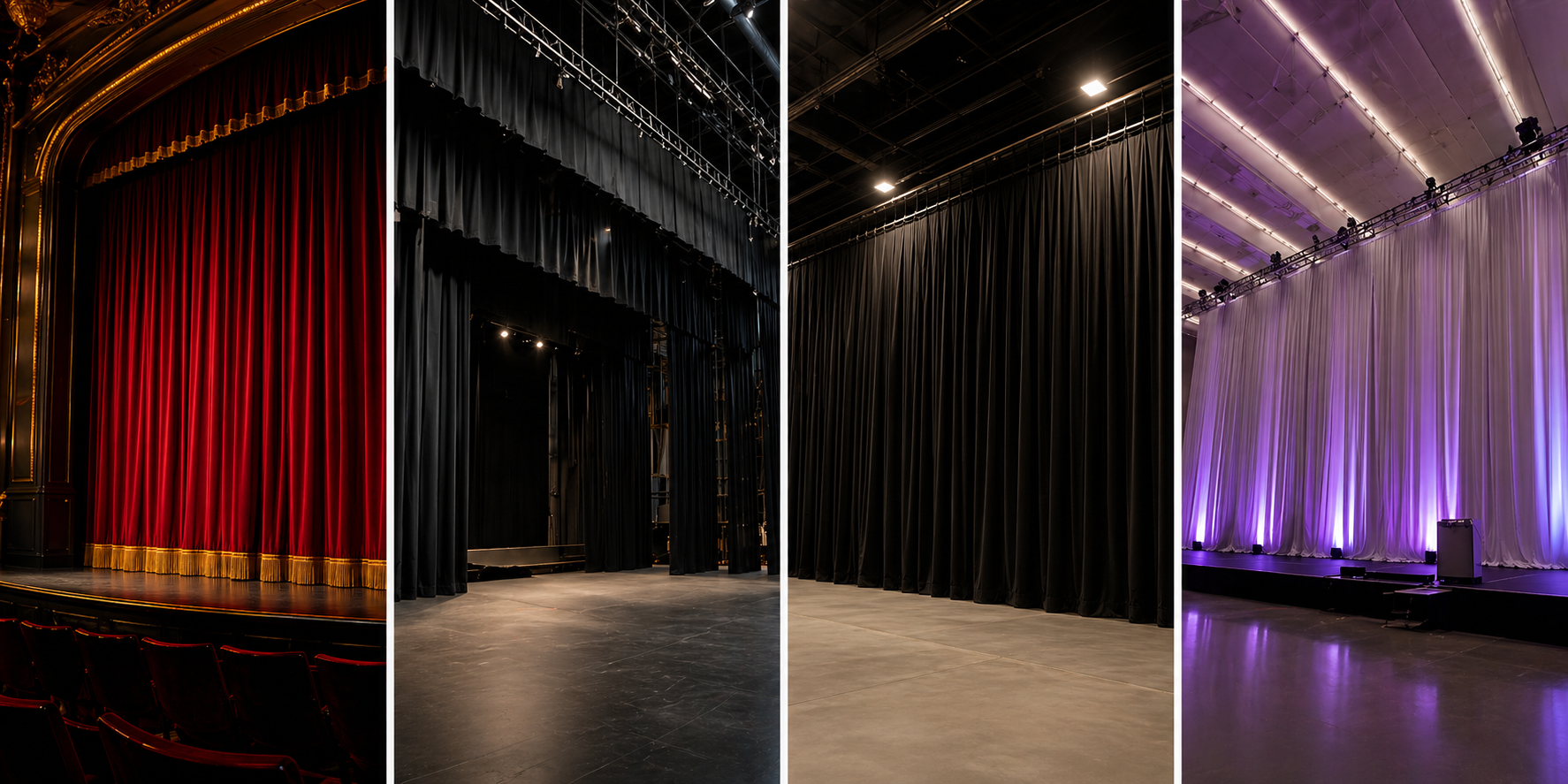 Collage of stage drapery installations including red velvet and black stage drapes