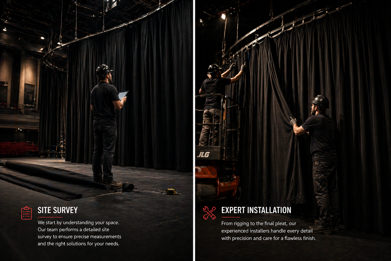 Technician performing a site survey and workers installing black stage drapes from a lift