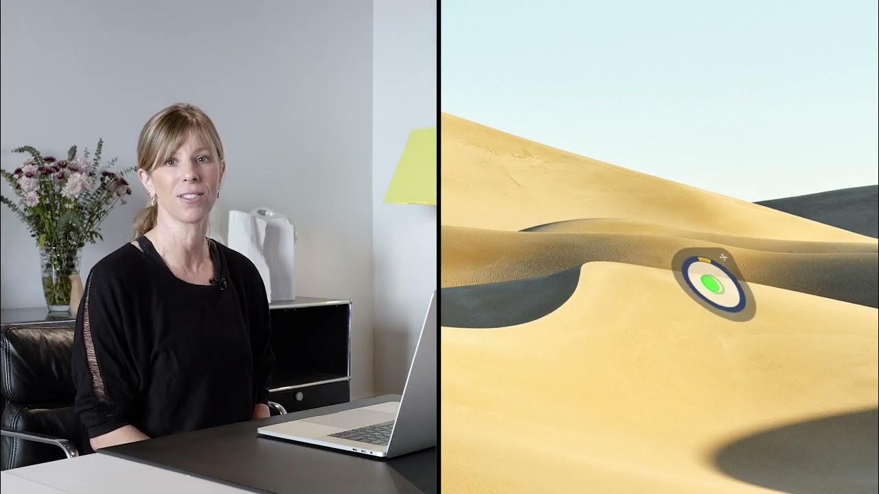 Woman at a desk with a laptop beside an animated Brightday posture sensor