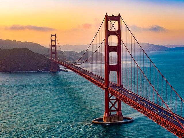 Aerial sunset view of the Golden Gate Bridge, San Francisco