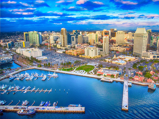 Aerial view of San Diego downtown skyline and marina